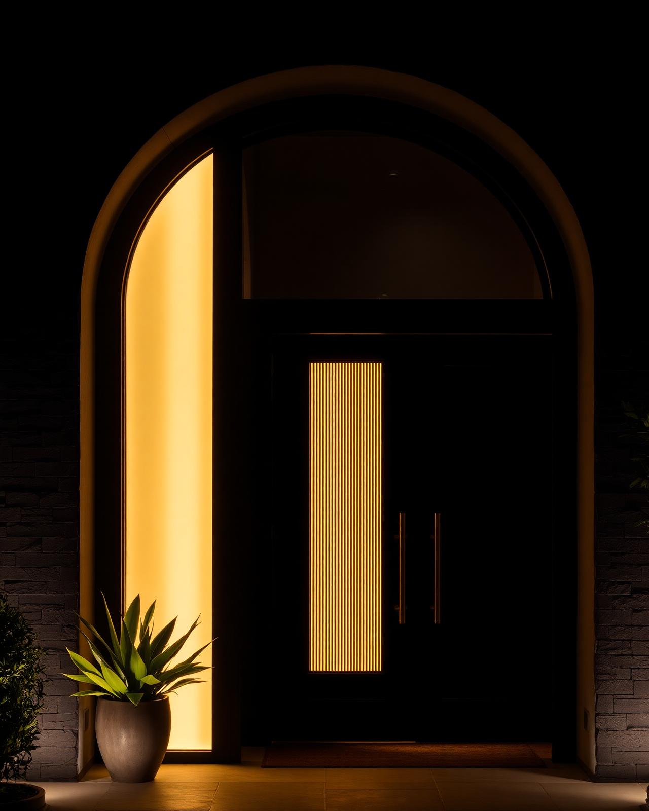 Dark luxury entrance lit with a golden light strip